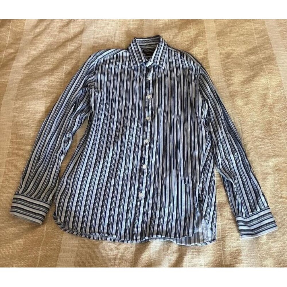 MICHAEL KORS L‎ Blue White Striped Shirt Minimalist Coastal Grandpa Preppy Top